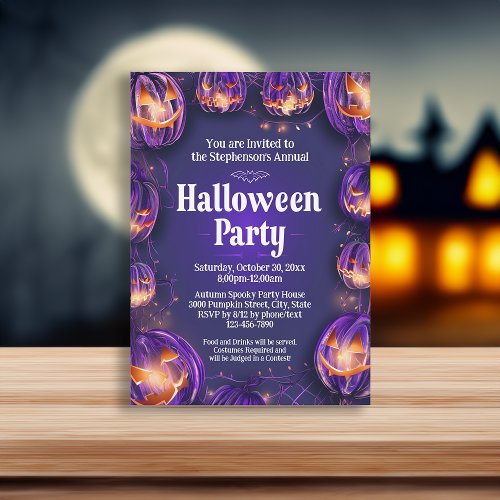 Purple Jack_O_Lantern Lights Halloween Party Invitation