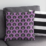 Purple Jack O Lantern Pumpkin Pattern Halloween Throw Pillow<br><div class="desc">This Halloween home decor pillow features a pattern of cute black and white jack-o'-lantern pumpkins with a purple background color (can be customized).</div>