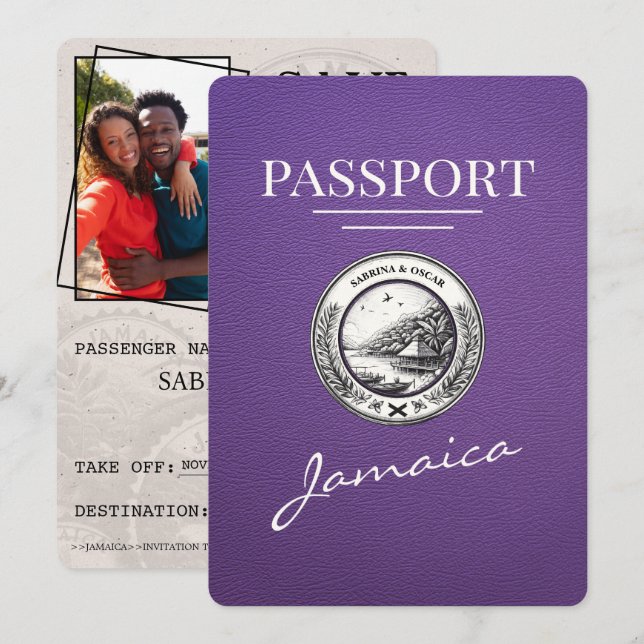 Purple Jamaica Passport Save The Date (Front/Back)