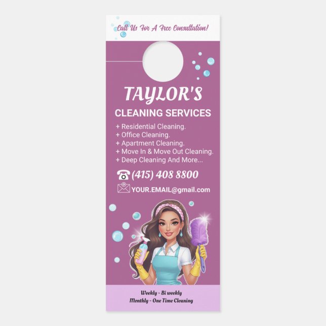 Purple Janitorial Lady House Cleaning Service Door Hanger (Front)