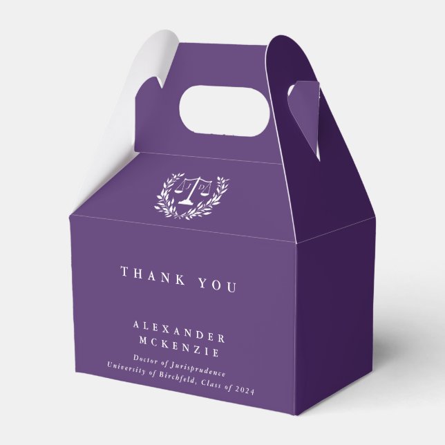 Purple JD Law Scales+Laurel Graduation Favor Boxes (Front Side)