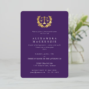 Purple JD Law Scales+Laurel Wreath Graduation Foil Invitation