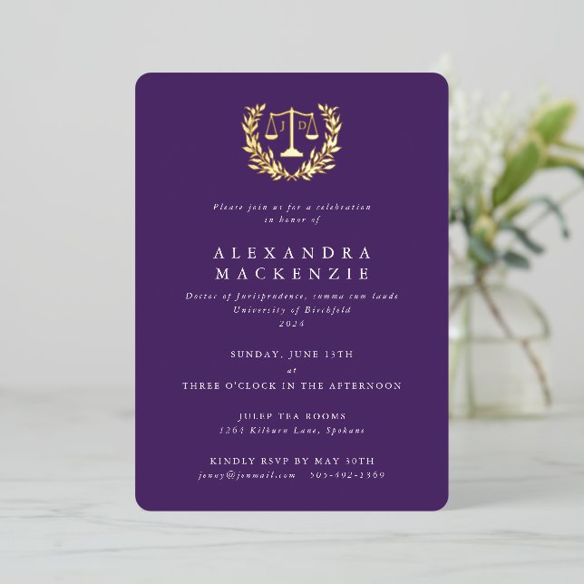 Purple JD Law Scales+Laurel Wreath Graduation Foil Invitation (Standing Front)