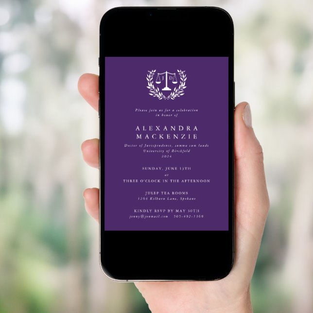 Purple JD Law Scales Laurel Wreath Graduation Invi Invitation (Front Digital)
