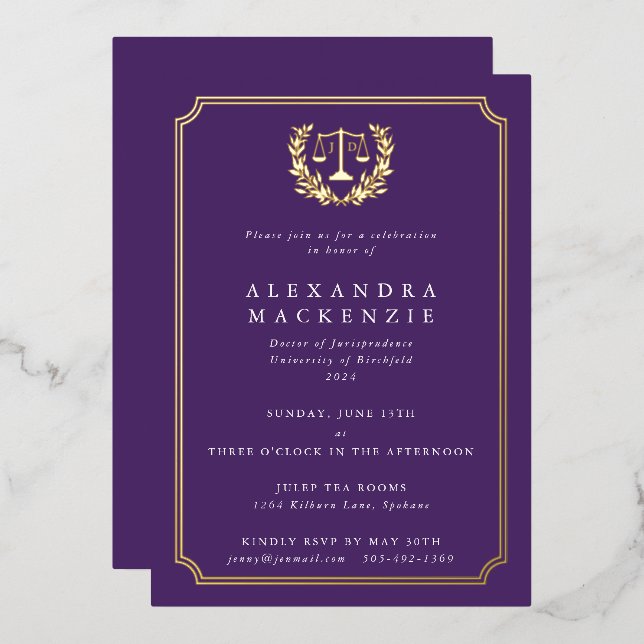 Purple JD Law School Graduation Party Foil Invitation (Front/Back)