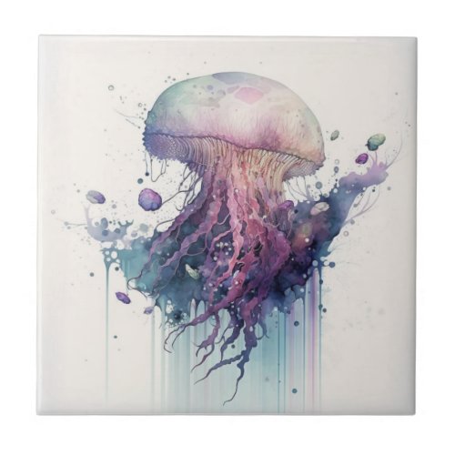 Purple Jellyfish Watercolor Ceramic Tile