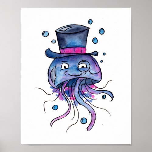 Purple Jellyfish with Hat and Monocle Poster