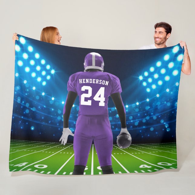 Purple Jersey Personalized Football Player Fleece Blanket (In Situ)