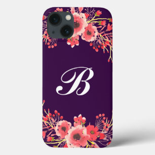 Purple Jewel Tone Watercolor Flowers Monogrammed iPhone 13 Case
