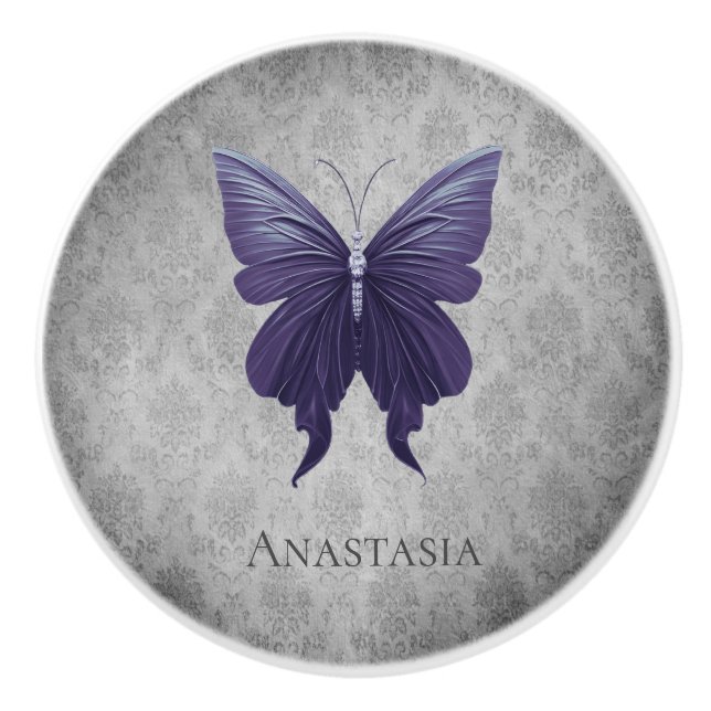 Purple Jeweled Butterfly Ceramic Knob (Front)