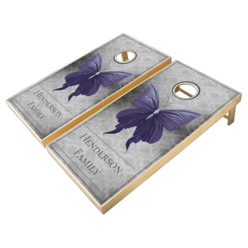 Purple Jeweled Butterfly Damask Cornhole Set
