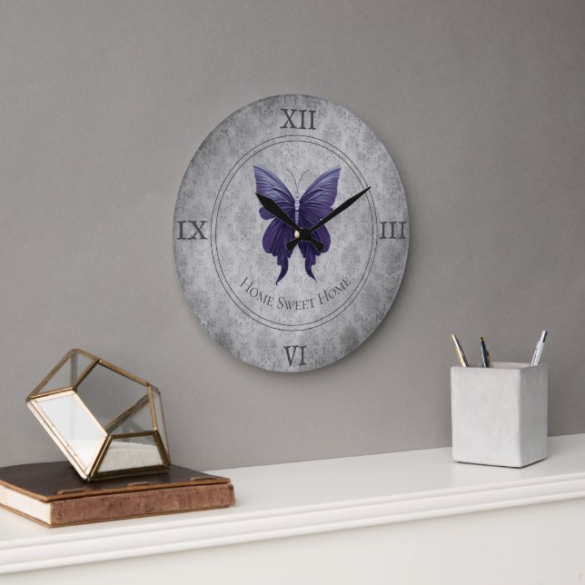 Purple Jeweled Butterfly Large Clock (Office)