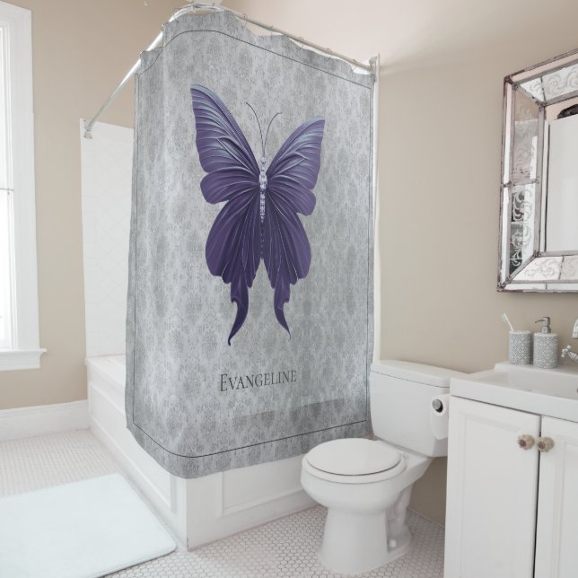 Purple Jeweled Butterfly Shower Curtain (In Situ)