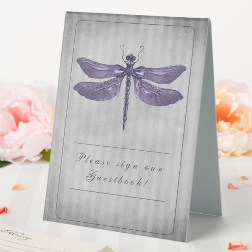 Purple Jeweled Dragonfly Wedding Table Tent Sign