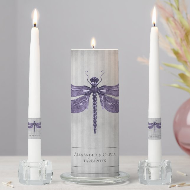 Purple Jeweled Dragonfly Wedding Unity Candle Set (In Situ)