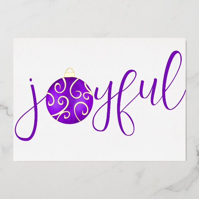 Purple Joy and White Real Foil Holiday Card (Front)