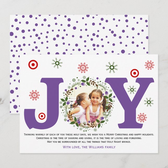 Purple Joy, Christmas floral wreath photo Holiday Card (Front/Back)