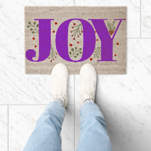 Purple JOY with berries Christmas holiday Fiber Doormat