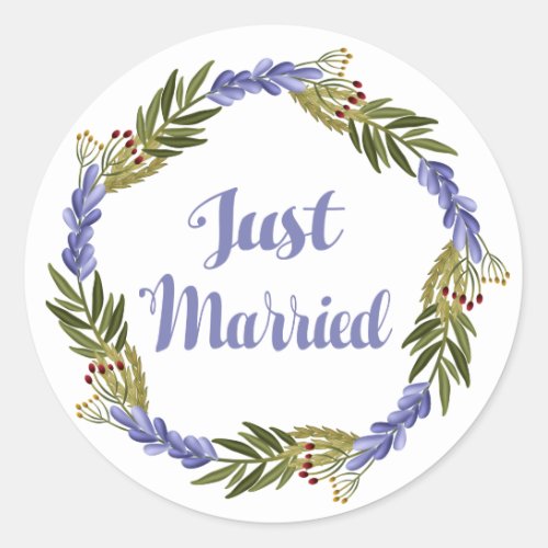 Purple Just Married Lavender Floral Wedding Classic Round Sticker