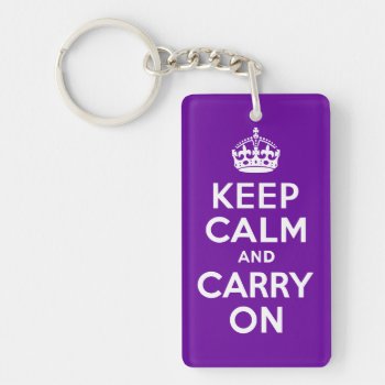 Purple Keep Calm And Carry On Keychain by purplestuff at Zazzle