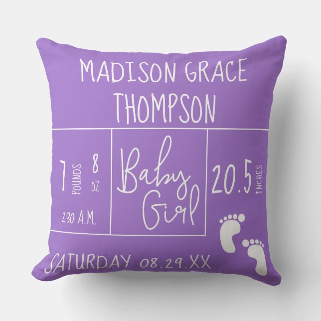 Purple keepsake Personalized Baby Girl Birth Stat Throw Pillow (Front)