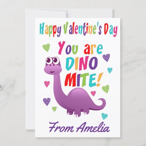 Purple Kids Dinosaur Dinomite Valentines Day Card