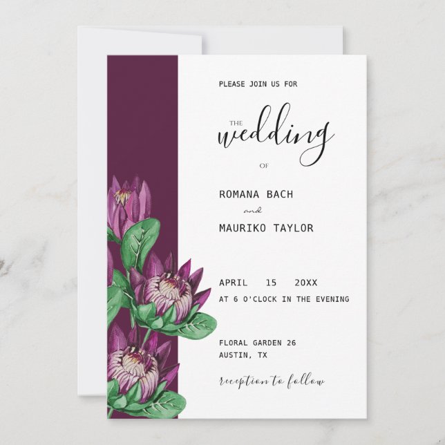 Purple King Protea Watercolor Art Invitation (Front)
