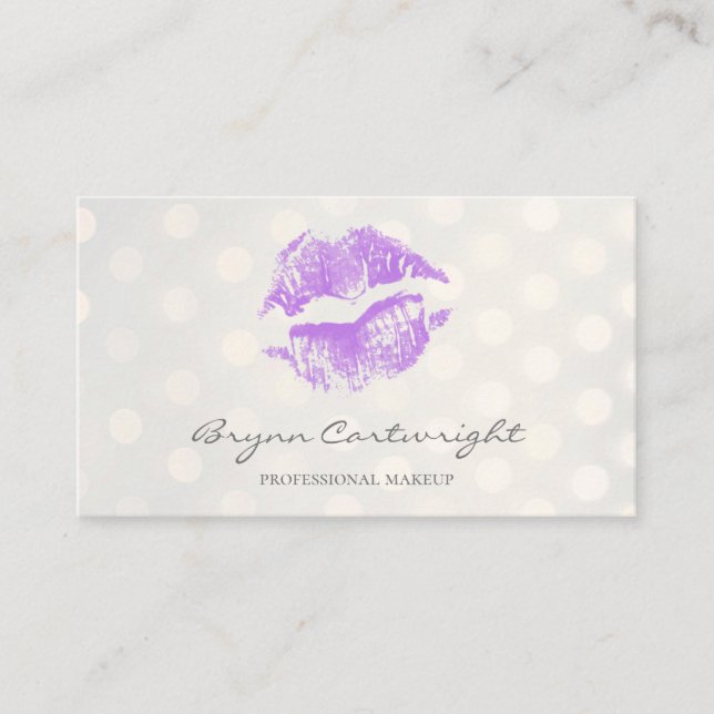Purple Kiss Lips with Golden Bokeh Dots Makeup Business Card (Front)