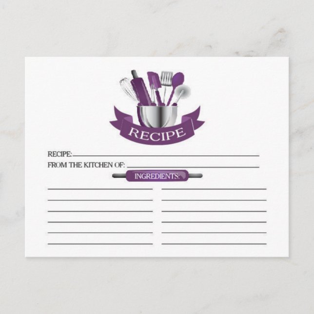 Purple Kitchen Tools Bridal Shower Recipe Cards (Front)