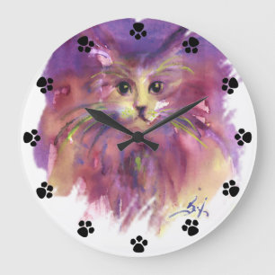 PURPLE KITTEN,CUTE KITTY CAT PORTRAIT Black Paws Large Clock