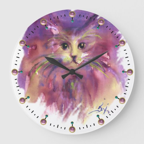 PURPLE KITTENCUTE KITTY CAT PORTRAIT Gemstones Large Clock