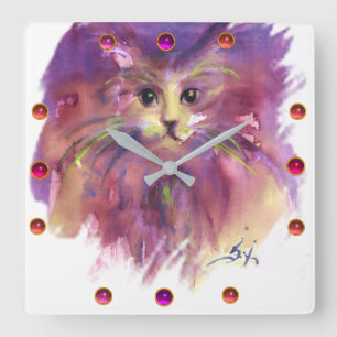 PURPLE KITTEN,CUTE KITTY CAT PORTRAIT Gemstones Square Wall Clock
