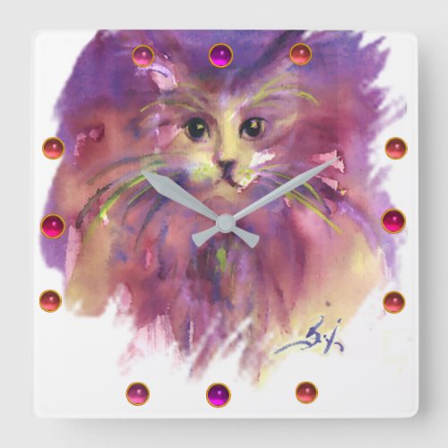 PURPLE KITTENCUTE KITTY CAT PORTRAIT Gemstones Square Wall Clock