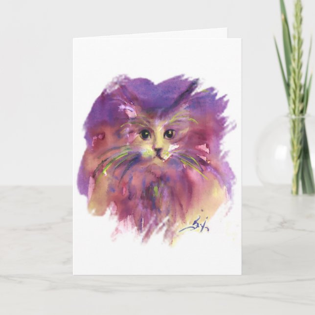 PURPLE KITTEN,KITTY CAT,Colorful Hearts Valentine Holiday Card (Front)