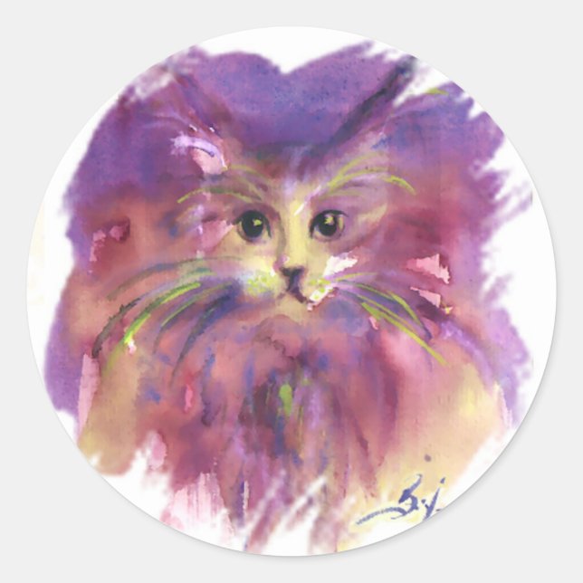 PURPLE KITTEN,KITTY CAT PORTRAIT CLASSIC ROUND STICKER (Front)