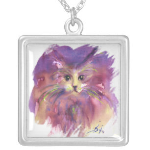 PURPLE KITTEN ,KITTY CAT PORTRAIT SILVER PLATED NECKLACE
