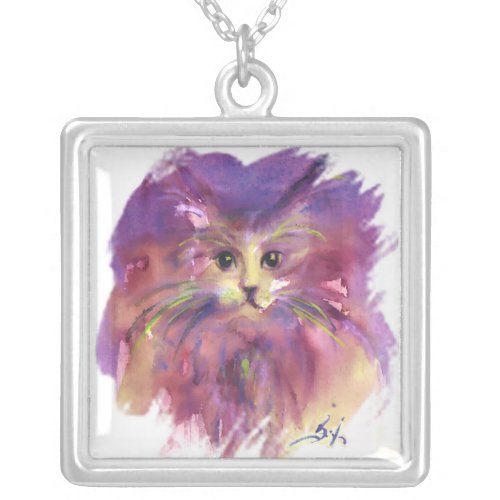 PURPLE KITTEN KITTY CAT PORTRAIT SILVER PLATED NECKLACE