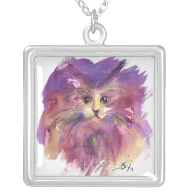 PURPLE KITTEN ,KITTY CAT PORTRAIT SILVER PLATED NECKLACE (Front)