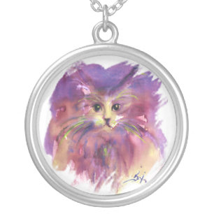 PURPLE KITTEN ,KITTY CAT PORTRAIT SILVER PLATED NECKLACE