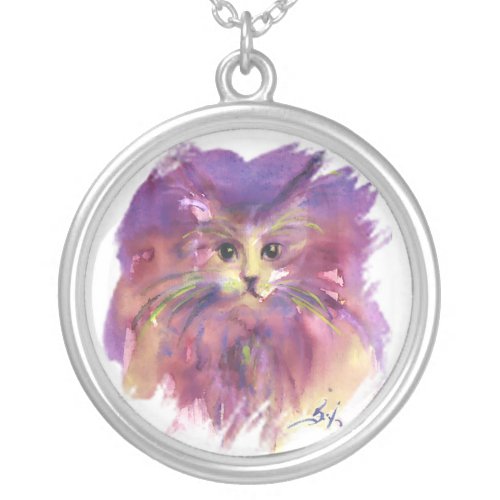 PURPLE KITTEN KITTY CAT PORTRAIT SILVER PLATED NECKLACE