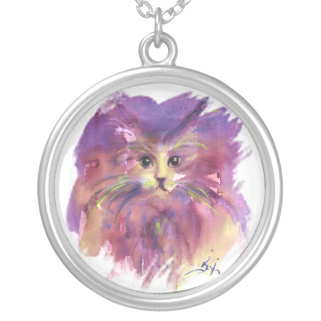 PURPLE KITTEN ,KITTY CAT PORTRAIT SILVER PLATED NECKLACE (Front)
