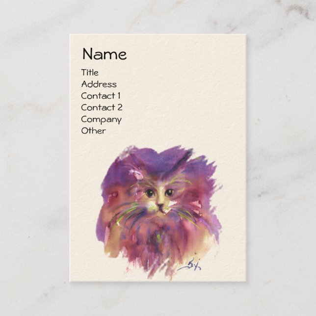 PURPLE KITTEN, KITTY CAT PORTRAIT ,White Cream Business Card (Front)