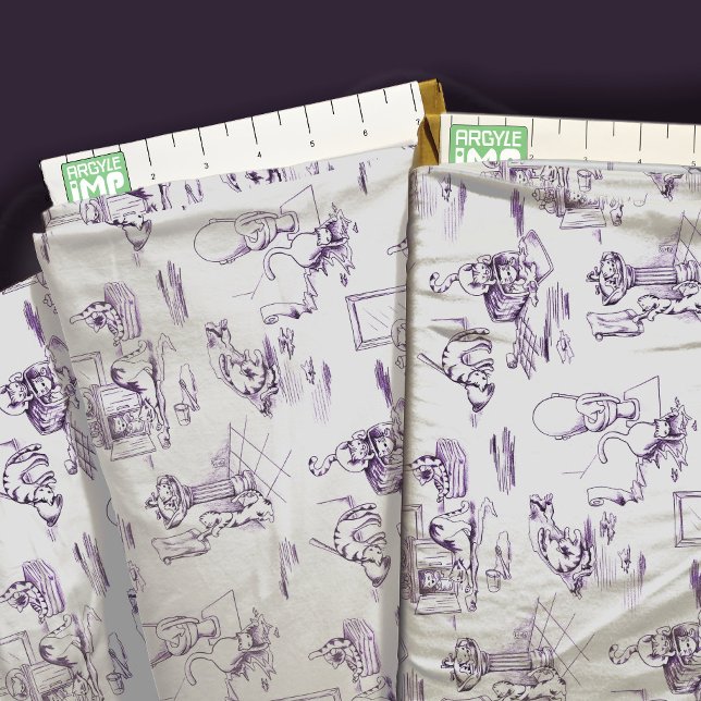 Purple Kitty Cat Bathroom Toile Fabric (close-up with ruler)