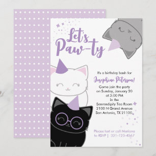 Purple Kitty Cat Fun Birthday Party Evite or Print Invitation