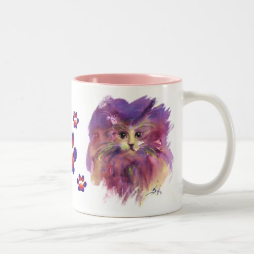 PURPLE KITTY CAT PORTRAIT WITH COLORFUL PAWS Two_Tone COFFEE MUG