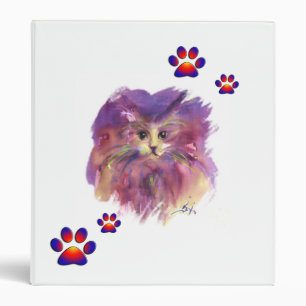 PURPLE KITTY CAT PORTRAIT WITH COLORFUL PAWS,White Binder
