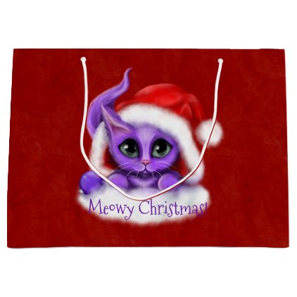 Purple Kitty Meowy Christmas on Red Large Gift Bag