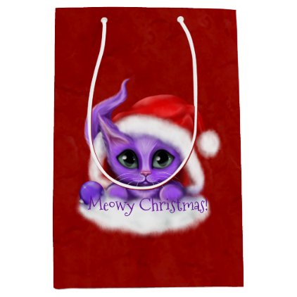 Purple Kitty Meowy Christmas on Red Medium Gift Bag