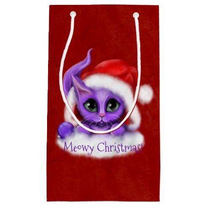 Purple Kitty Meowy Christmas on Red Small Gift Bag