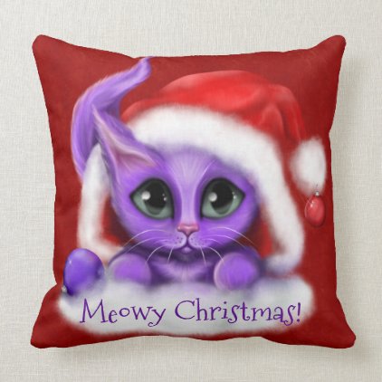 Purple Kitty Meowy Christmas on Red Throw Pillow